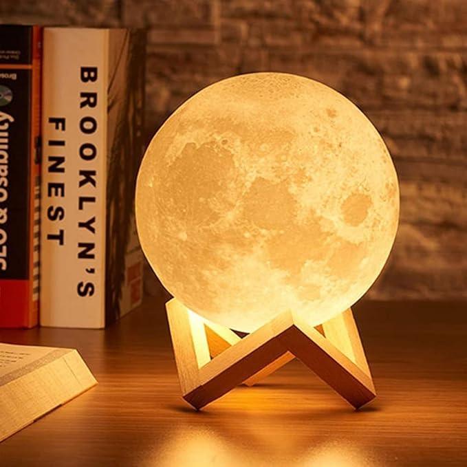 3D Moon Lamp 15cm with Wooden Stand | 7 Color Changing LED Touch Sensor Night Light | USB Rechargeable Moonlight Table Lamp for Bedroom, Kids, Home Décor, and Festival Gifts, valentine gift, couple gift, gift for couple, - Luxi Cart