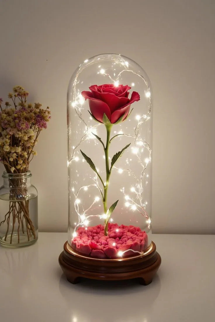 LED Rose Lamp in Glass Dome | Eternal Flower Night Light for Bedroom | Romantic Gift for Girlfriend, Wife, Valentine Day, Anniversary | Home Decor Table Lamp - Luxi Cart